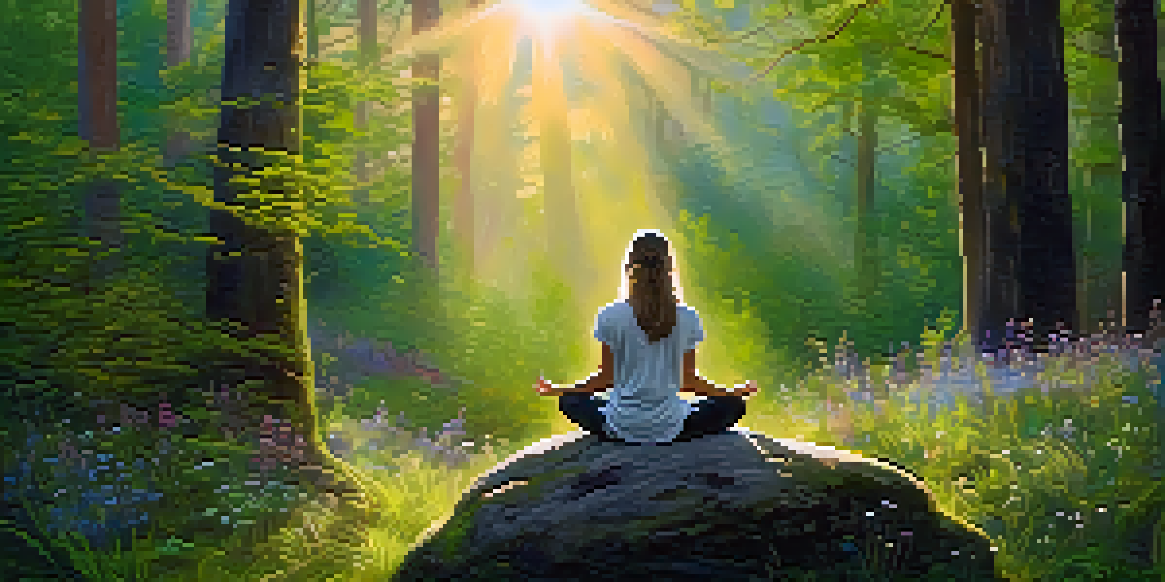A peaceful person meditating in a sunlit forest, surrounded by lush greenery and colorful flowers.