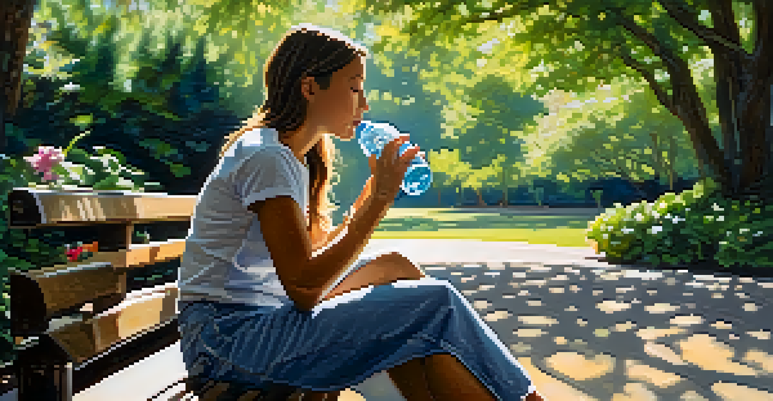 A person enjoying a moment in nature, drinking water from a bottle, surrounded by greenery.