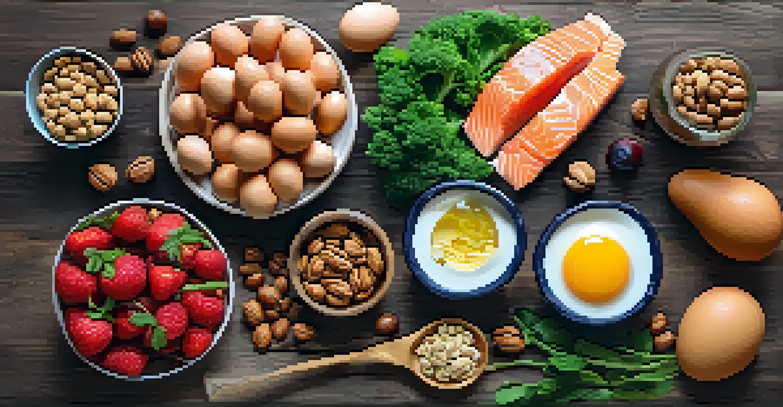 A flat lay of nutrient-rich foods for healthy aging, including berries, walnuts, and salmon on a wooden background.
