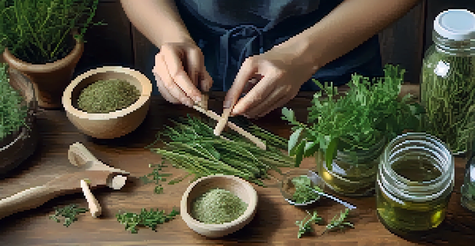 A close-up of hands mixing fresh herbs and natural remedies on a wooden table, emphasizing the practice of naturopathy.
