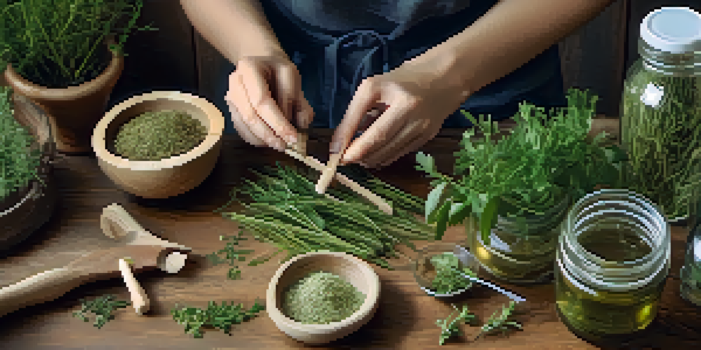 A close-up of hands mixing fresh herbs and natural remedies on a wooden table, emphasizing the practice of naturopathy.