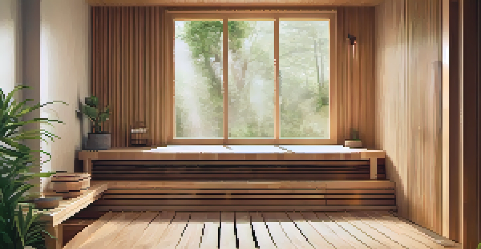 A modern wooden sauna with steam rising, warm lighting, and a person relaxing inside.