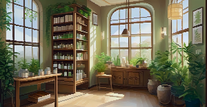 A warm and inviting interior of a naturopathic clinic with natural wood decor, plants, and sunlight streaming through the windows. A practitioner speaks with a patient about treatments.