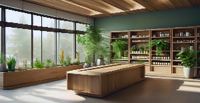 A tranquil interior of a naturopathic clinic with herbal remedies, plants, and natural light.