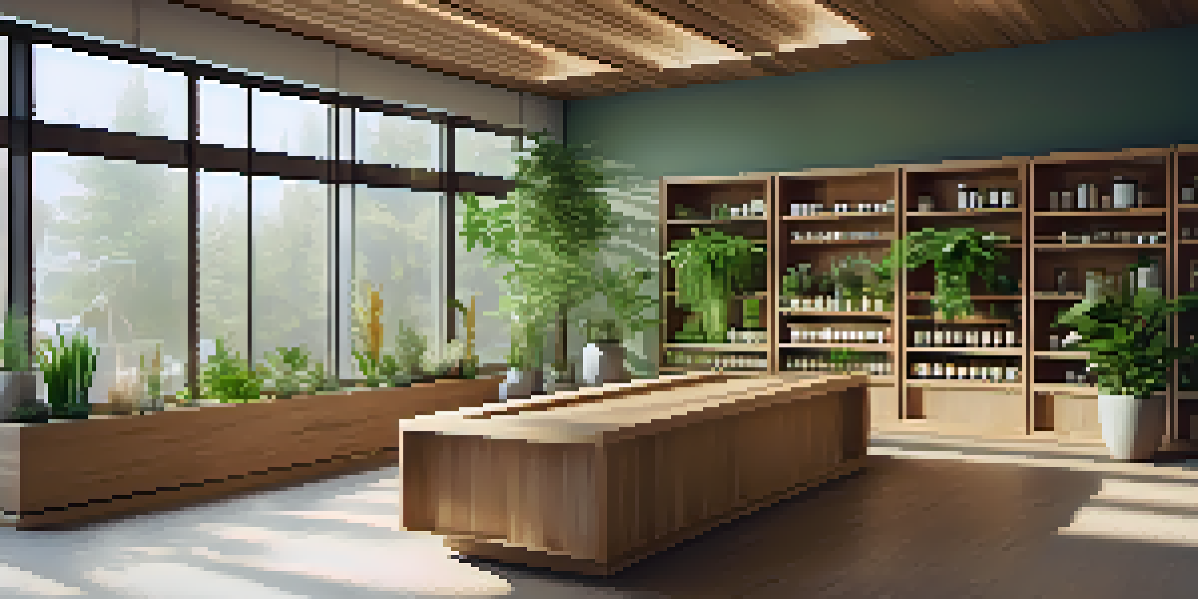 A tranquil interior of a naturopathic clinic with herbal remedies, plants, and natural light.