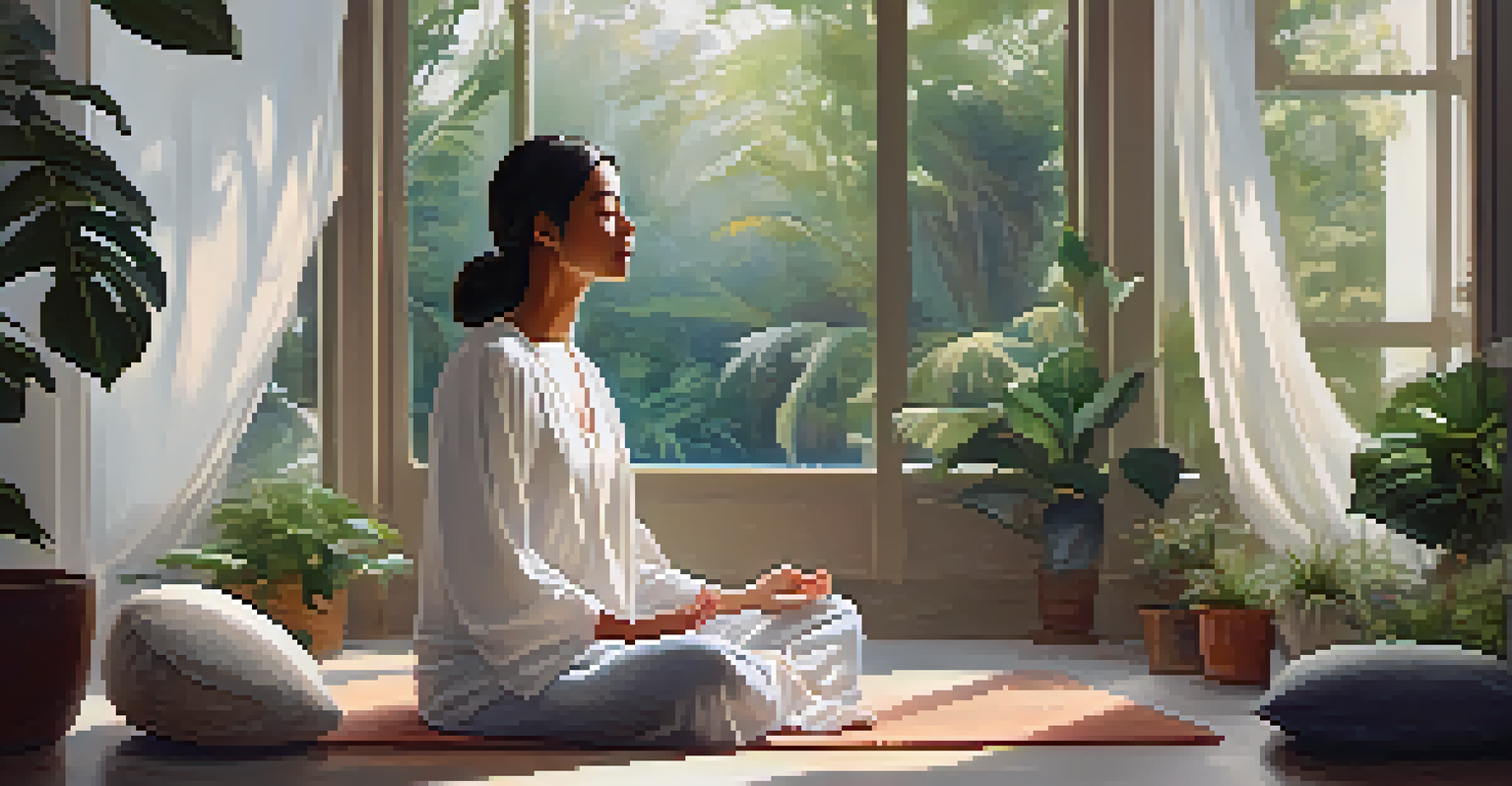 A person meditating in a cozy room filled with plants and soft cushions, with natural light filtering through curtains.