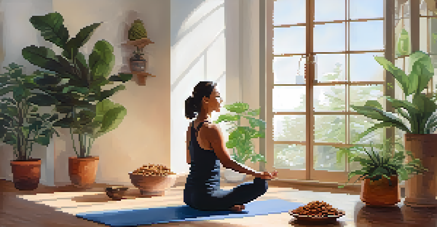 A person practicing yoga on a mat in a cozy living room filled with plants and natural light, with a bowl of nuts and infused water nearby.