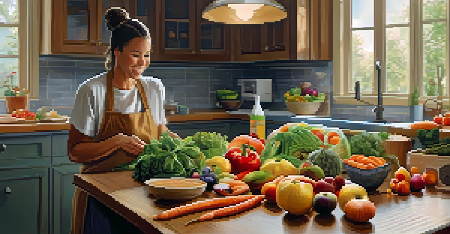 A bright kitchen with a person preparing healthy food, colorful fruits and vegetables on a wooden table bathed in warm light.