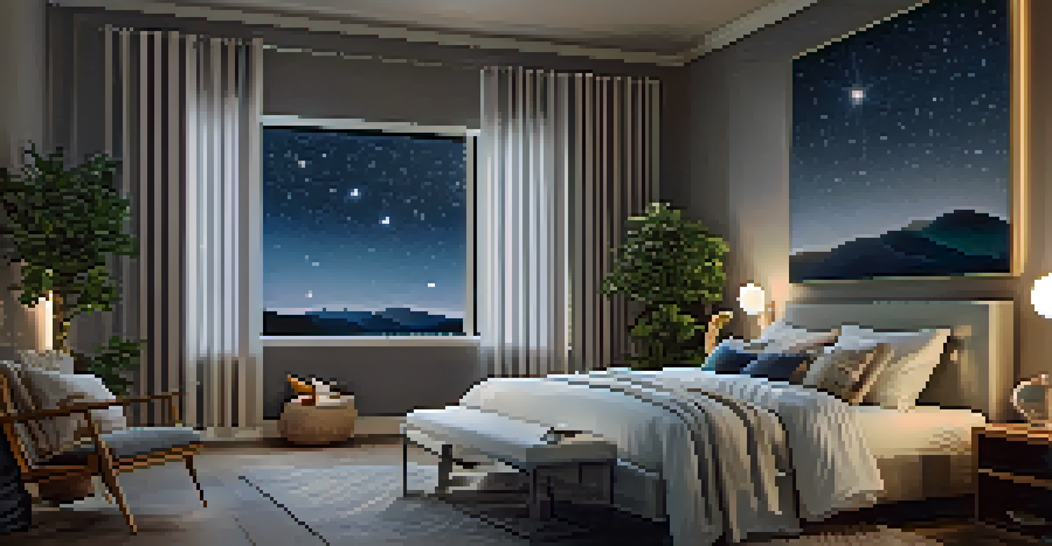 A serene bedroom with a comfortable bed, calming decor, and a view of a starry night sky.