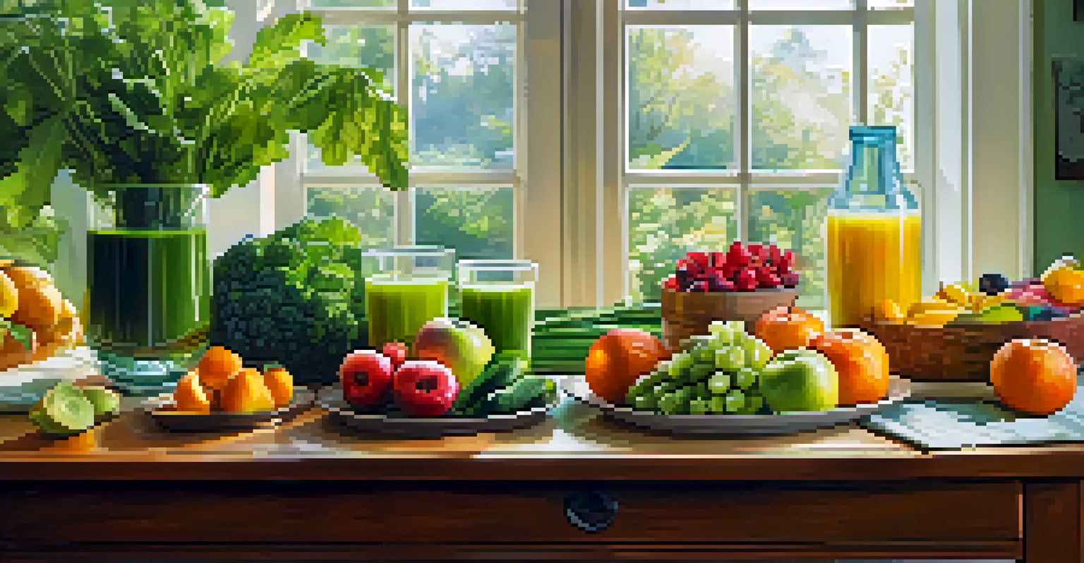 A table filled with colorful organic fruits and vegetables in a bright kitchen.