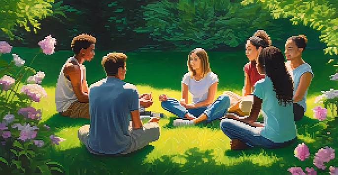 A diverse group of people sitting in a circle on grass, engaged in a supportive conversation surrounded by nature.