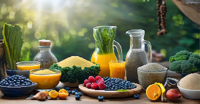 An artistic arrangement of fresh superfoods including kale, blueberries, quinoa, chia seeds, and turmeric on a wooden table, illuminated by natural light.