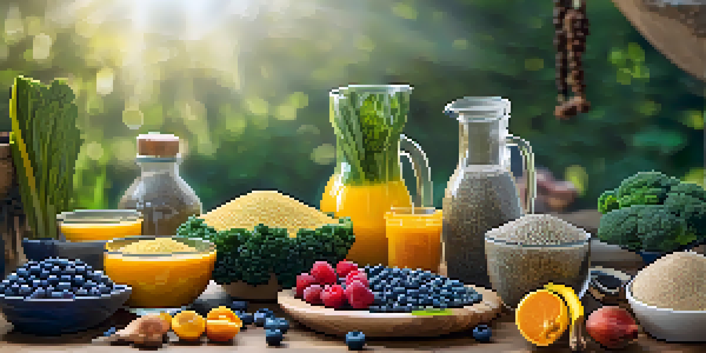 An artistic arrangement of fresh superfoods including kale, blueberries, quinoa, chia seeds, and turmeric on a wooden table, illuminated by natural light.