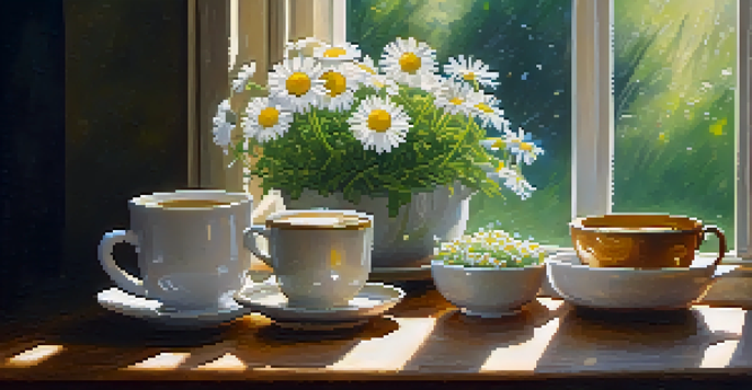 A cozy kitchen with a wooden table set for tea time, featuring a cup of chamomile tea and fresh chamomile flowers, with sunlight streaming in and a garden visible through the window.
