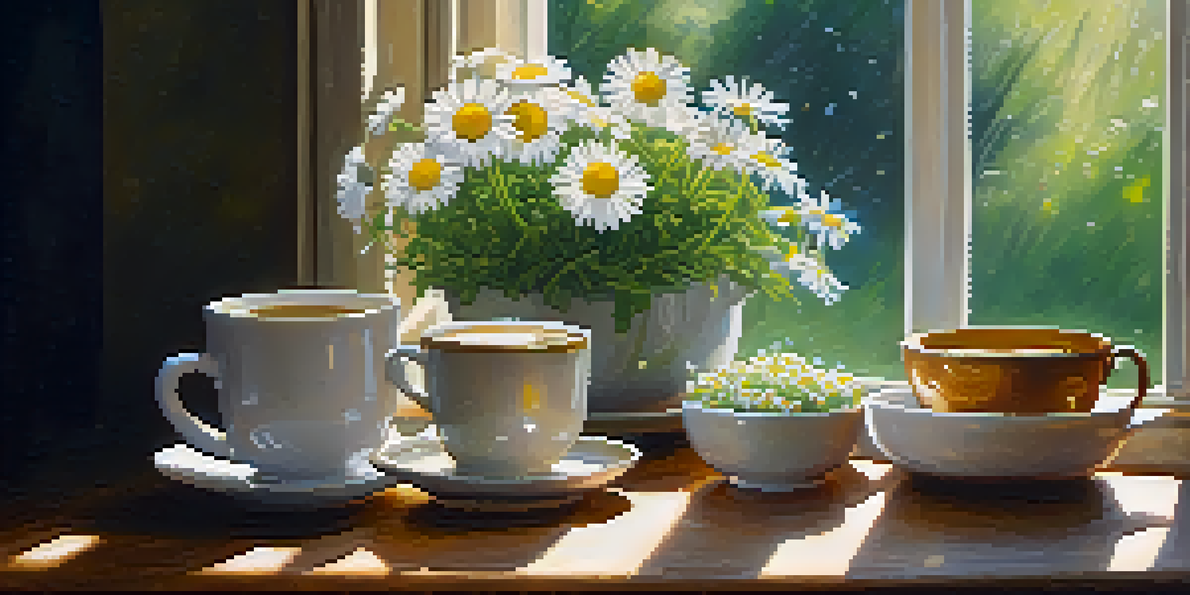 A cozy kitchen with a wooden table set for tea time, featuring a cup of chamomile tea and fresh chamomile flowers, with sunlight streaming in and a garden visible through the window.
