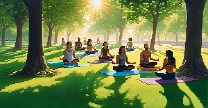 A diverse group of people practicing yoga in a green park at sunrise, with sunlight filtering through the trees.
