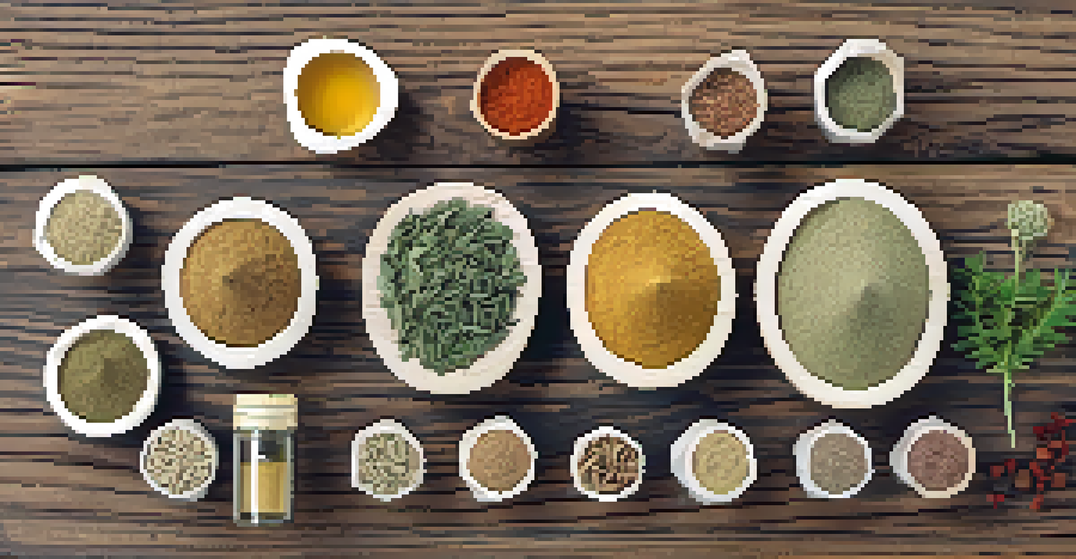 A flat lay of herbal supplements on a wooden table, including labels and fresh herbs alongside a glass of water.
