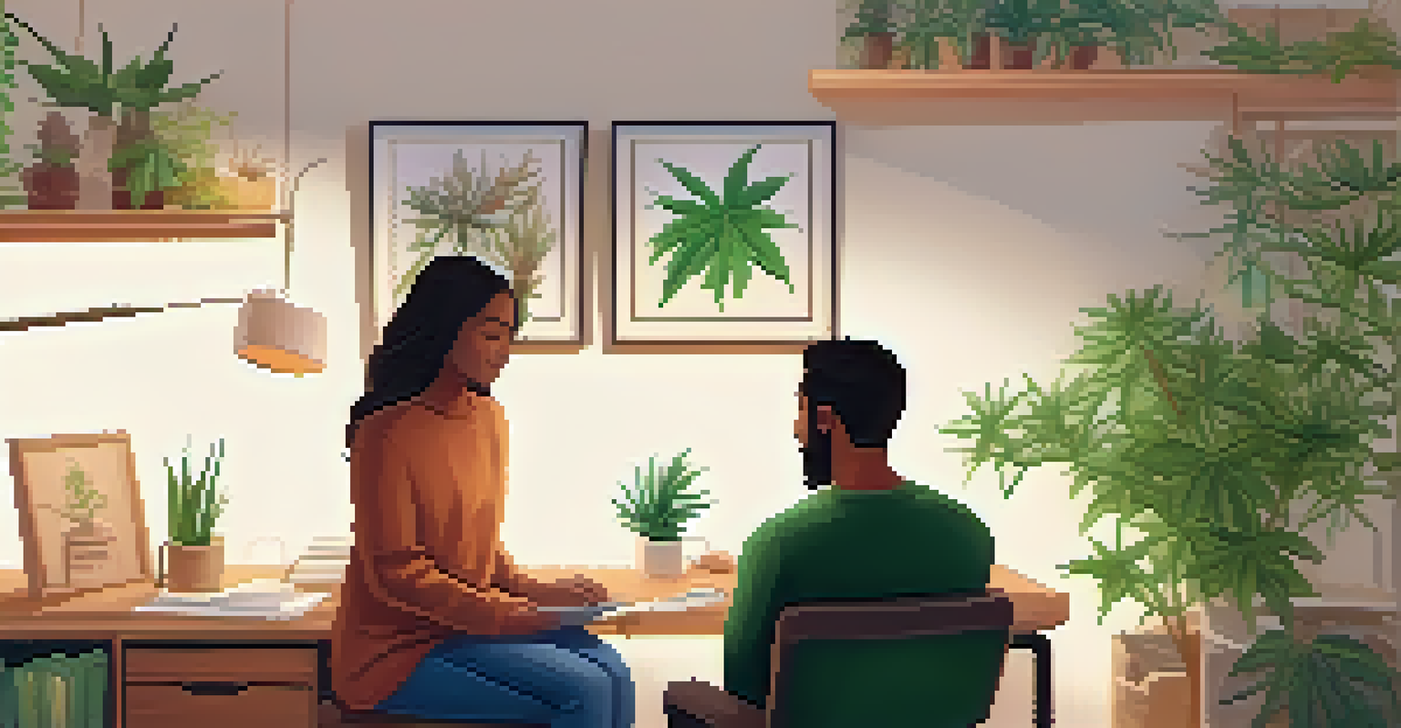 A naturopathic practitioner in a cozy office talking to a patient about cannabinoid therapies, surrounded by herbal remedies.