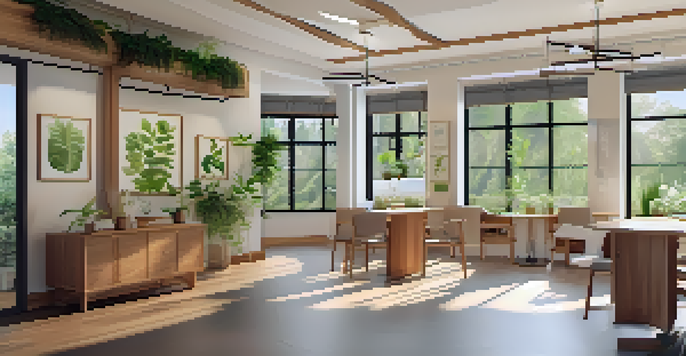 A peaceful naturopathic clinic interior with natural light, plants, and nature-themed artwork.