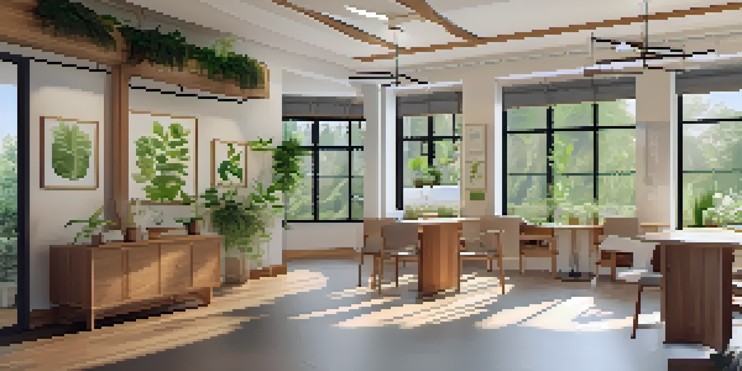 A peaceful naturopathic clinic interior with natural light, plants, and nature-themed artwork.