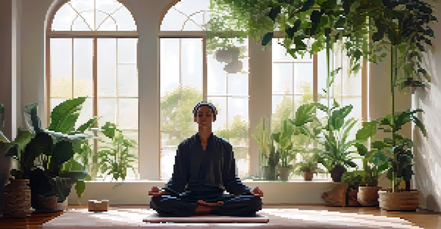 A person meditating in a tranquil room with plants and soft cushions, illuminated by soft, diffused light.