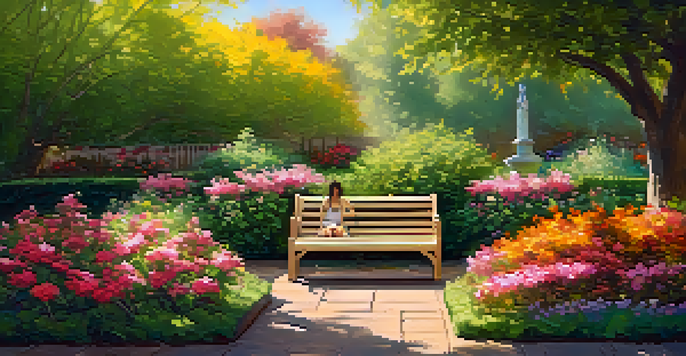 A peaceful garden with blooming flowers, sunlight shining through leaves, and a person meditating on a bench.
