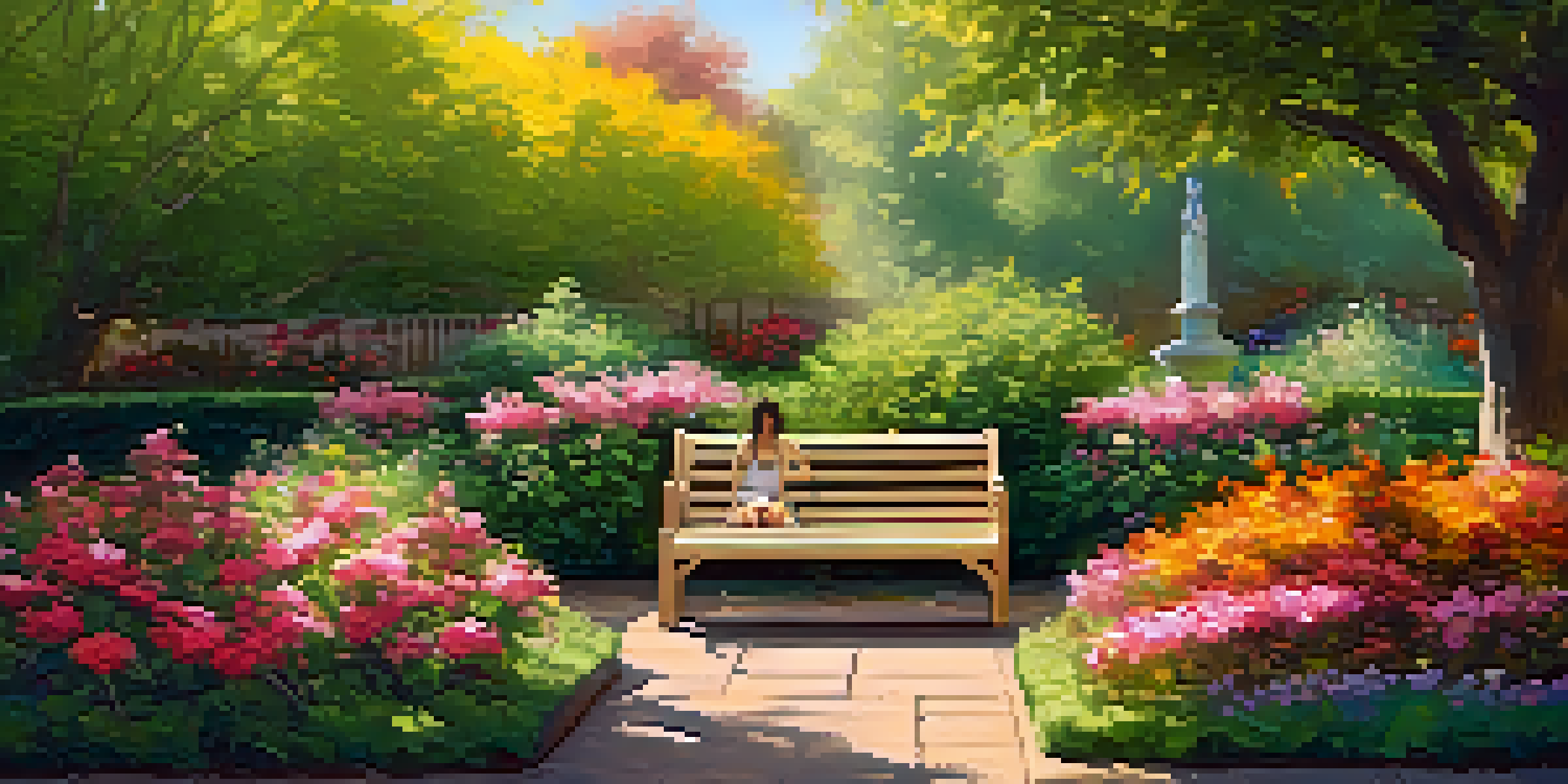 A peaceful garden with blooming flowers, sunlight shining through leaves, and a person meditating on a bench.