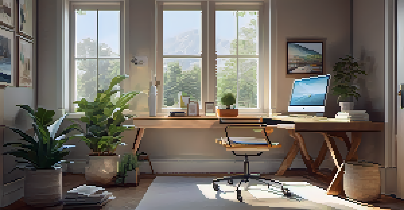 A cozy home office setup with a desk, computer, and a plant, bathed in natural light.