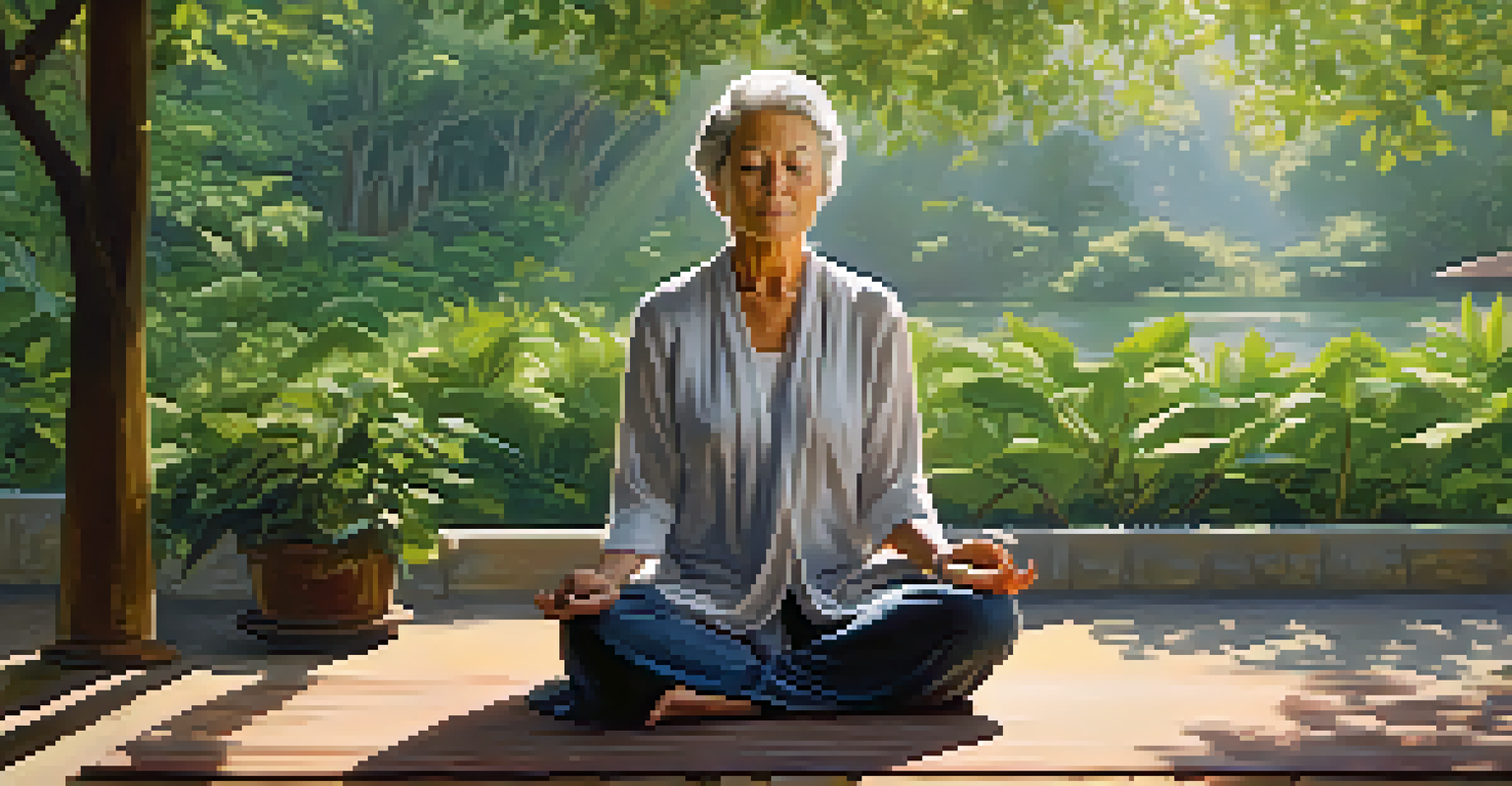 An older woman meditating outdoors in a green environment, embodying tranquility and mindfulness.