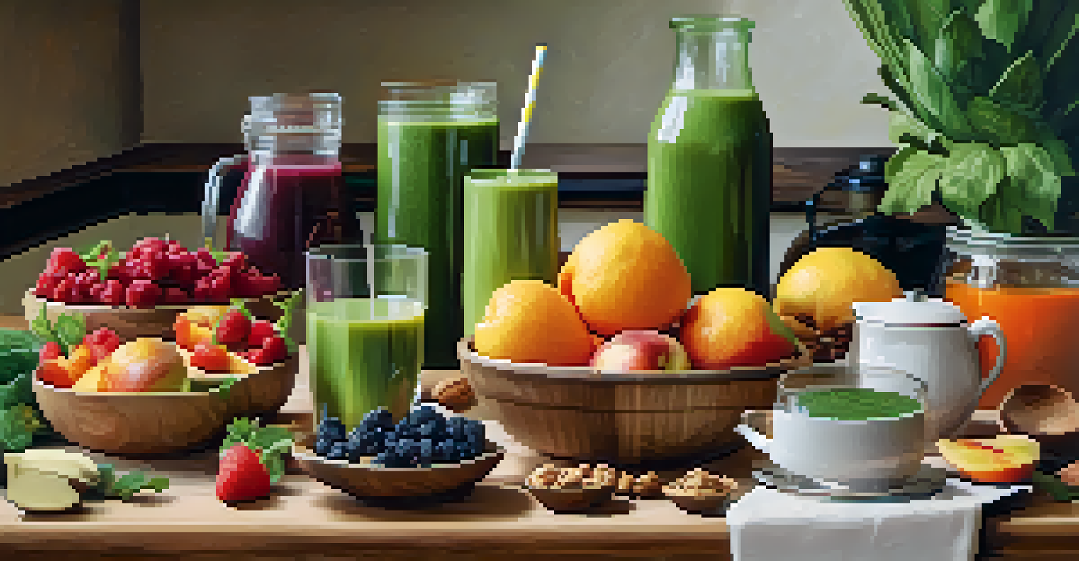 A colorful display of fruits, vegetables, and a green smoothie on a rustic kitchen counter, symbolizing healthy diet choices for skin health.