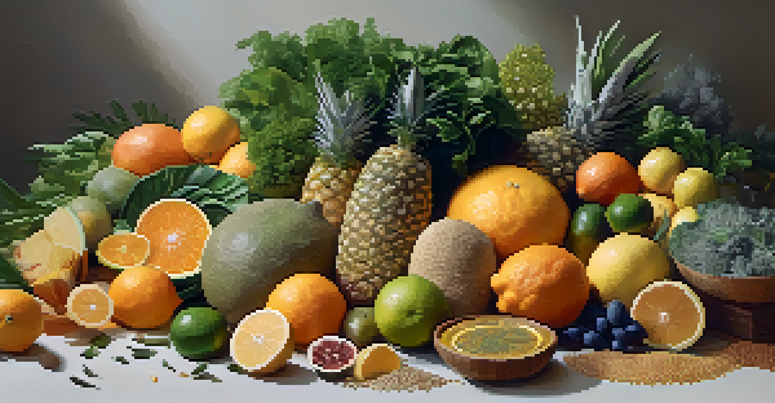 A beautiful circular arrangement of whole foods like citrus fruits and leafy greens on an earthy gradient background.