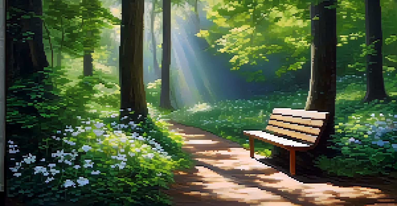 A tranquil forest scene with a person sitting on a bench along a winding path, surrounded by tall trees and flowers.