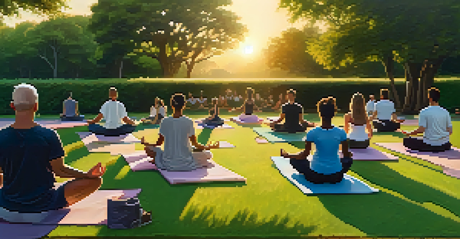 A group of people practicing yoga outdoors at sunrise in a green park.
