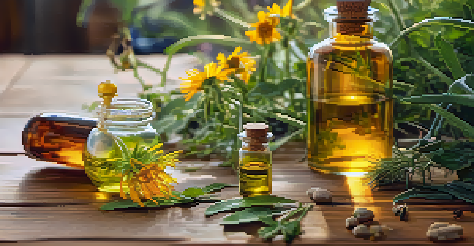 A collection of homeopathic remedies including herbs and glass vials on a wooden table, with soft lighting emphasizing their textures.