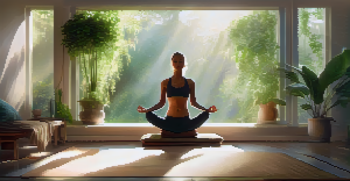 A woman practicing yoga in a bright and tranquil room, surrounded by plants, showcasing a sense of calm and mindfulness.