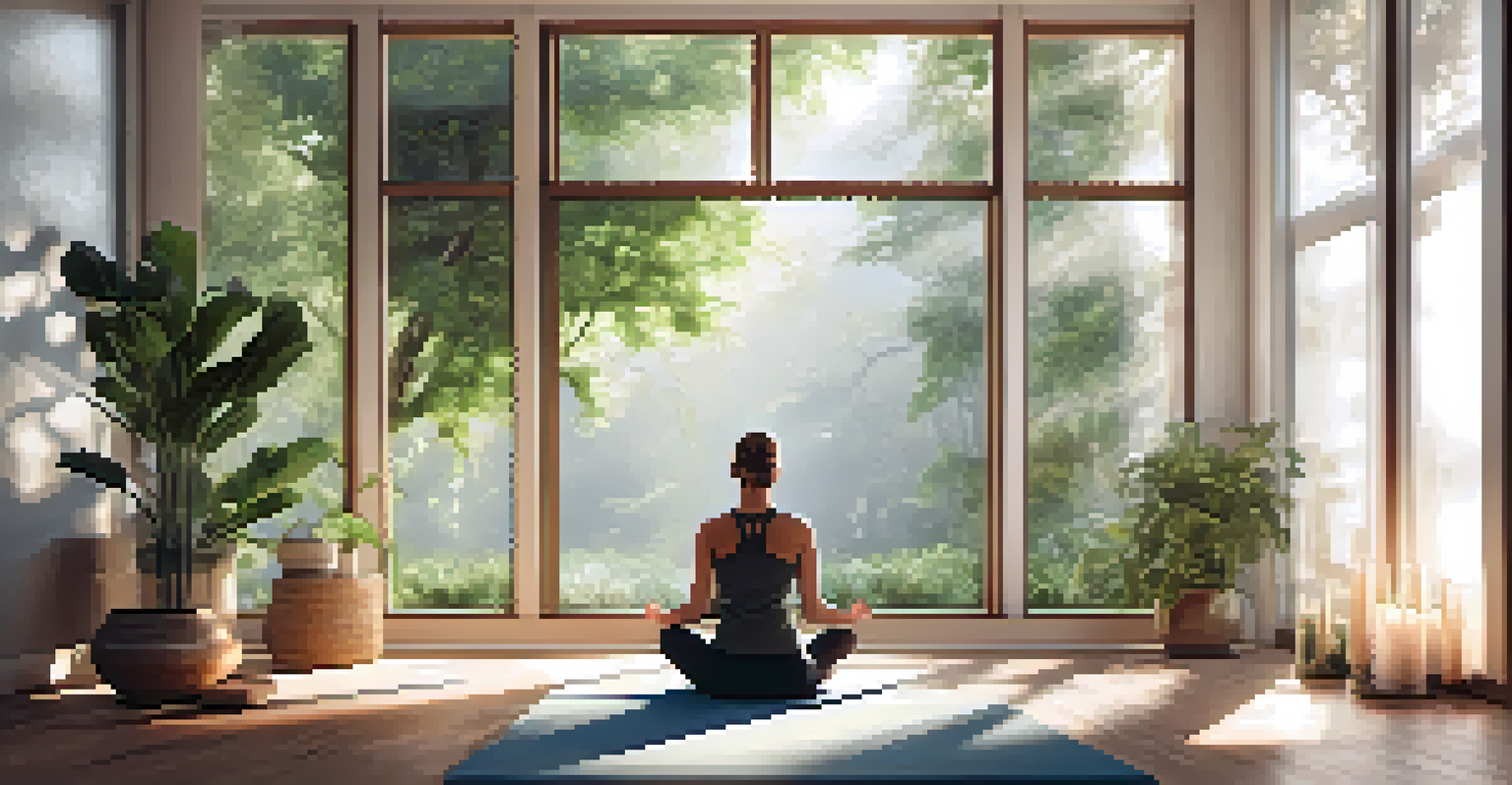 A person meditating on a yoga mat in a sunlit room filled with plants, candles, and essential oil diffusers, creating a peaceful atmosphere.