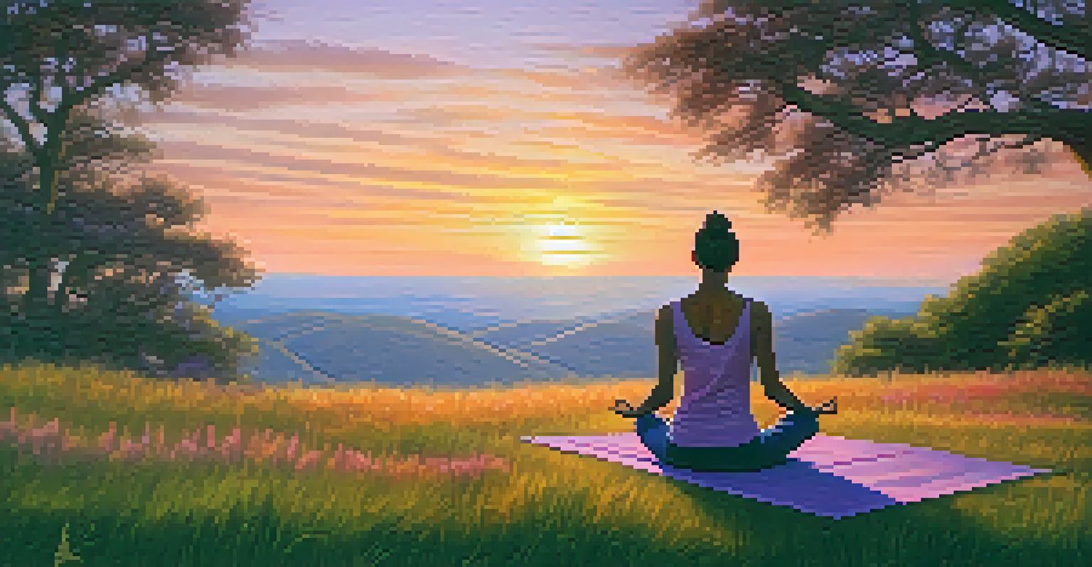 A person practicing yoga on a grassy hill during sunset, with a colorful sky and a peaceful natural environment.