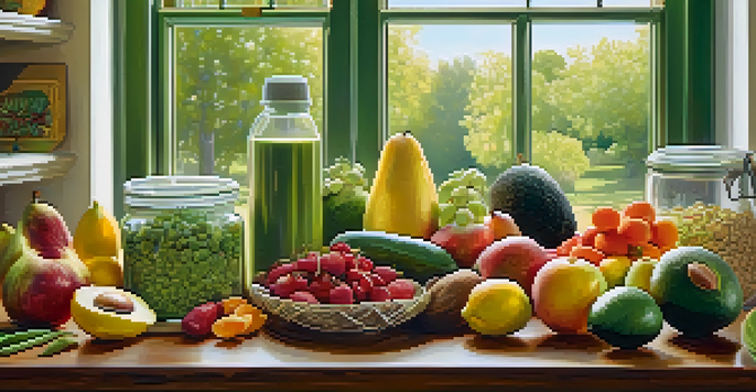 A vibrant kitchen table filled with fresh fruits, vegetables, avocados, and nuts, illuminated by natural light.