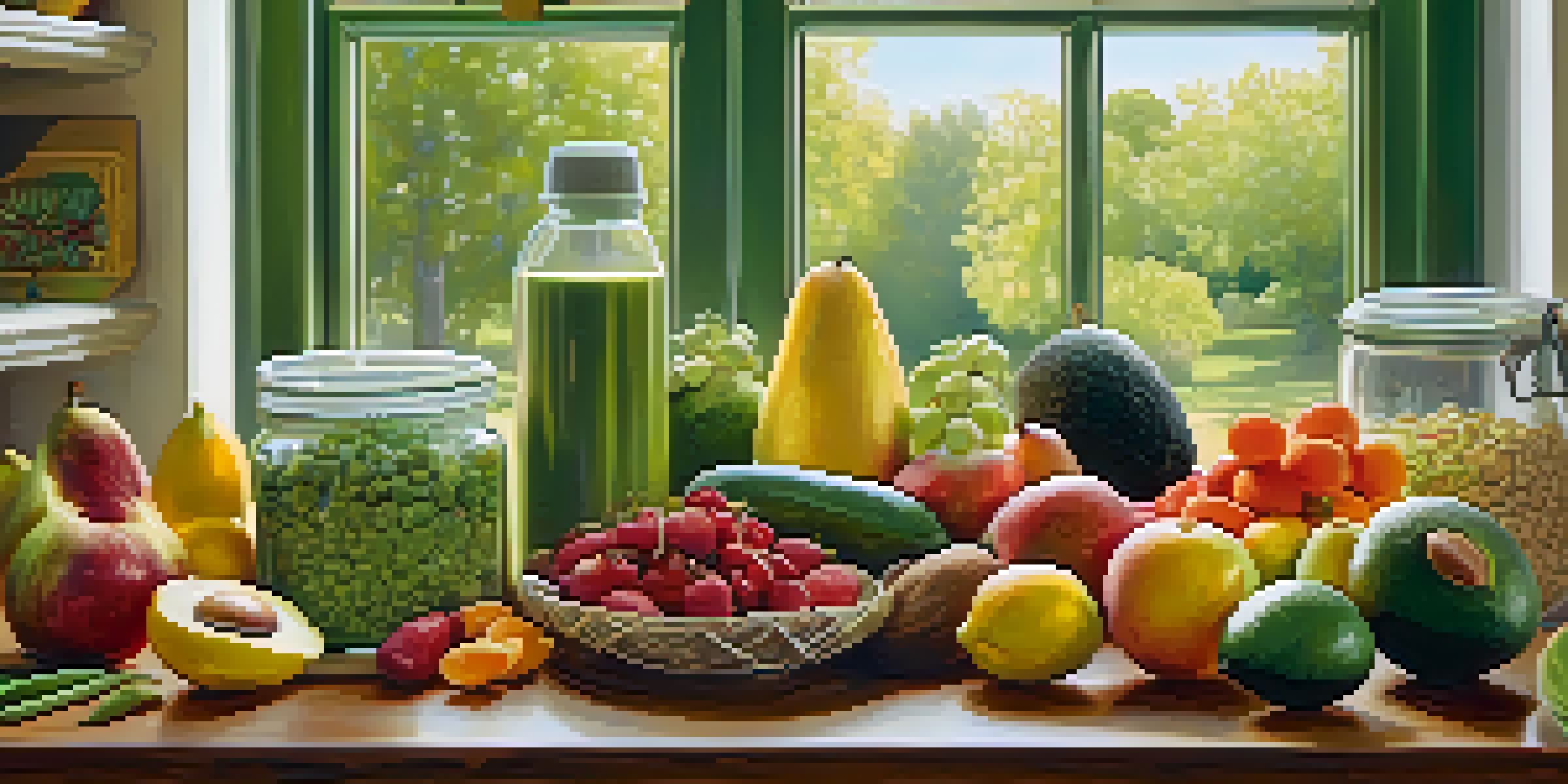 A vibrant kitchen table filled with fresh fruits, vegetables, avocados, and nuts, illuminated by natural light.