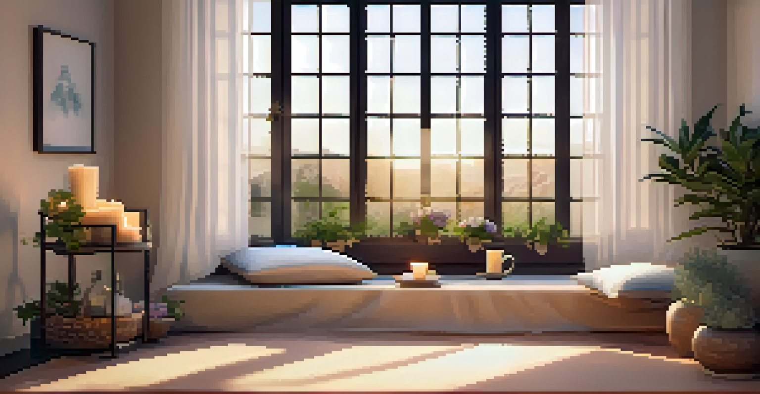 A peaceful meditation space with cushions, candles, and soft sunlight creating a warm and calming atmosphere.