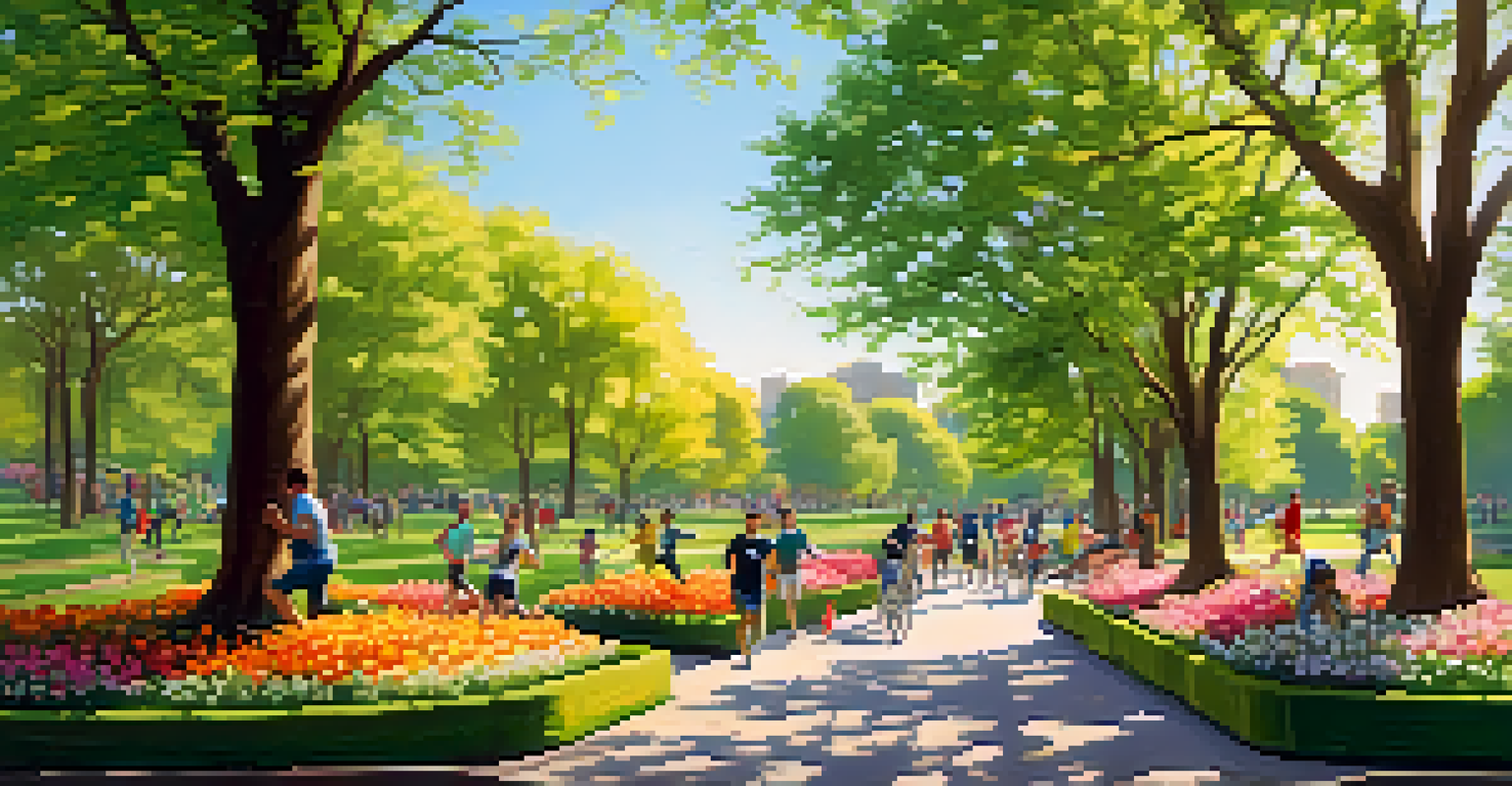 A sunny park in spring with people exercising and vibrant flowers blooming.