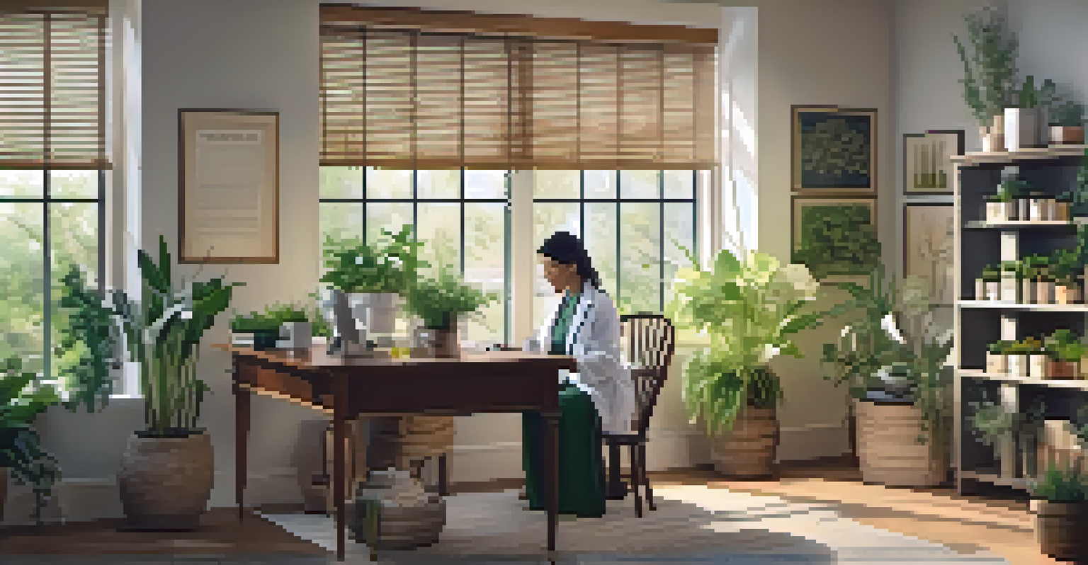 A calm consultation between a naturopathic doctor and a patient in a bright office filled with plants and herbal remedies.