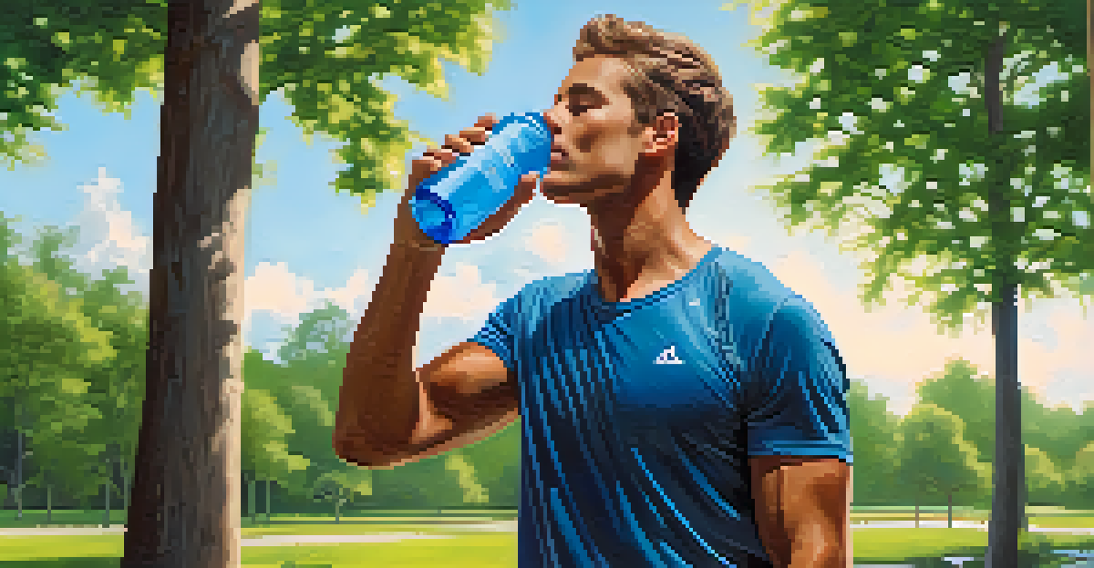 An athletic person drinking from a water bottle in a green park after exercising, with a clear blue sky in the background.