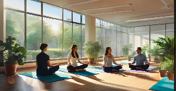 A group of employees practicing mindfulness meditation in a bright office with indoor plants.