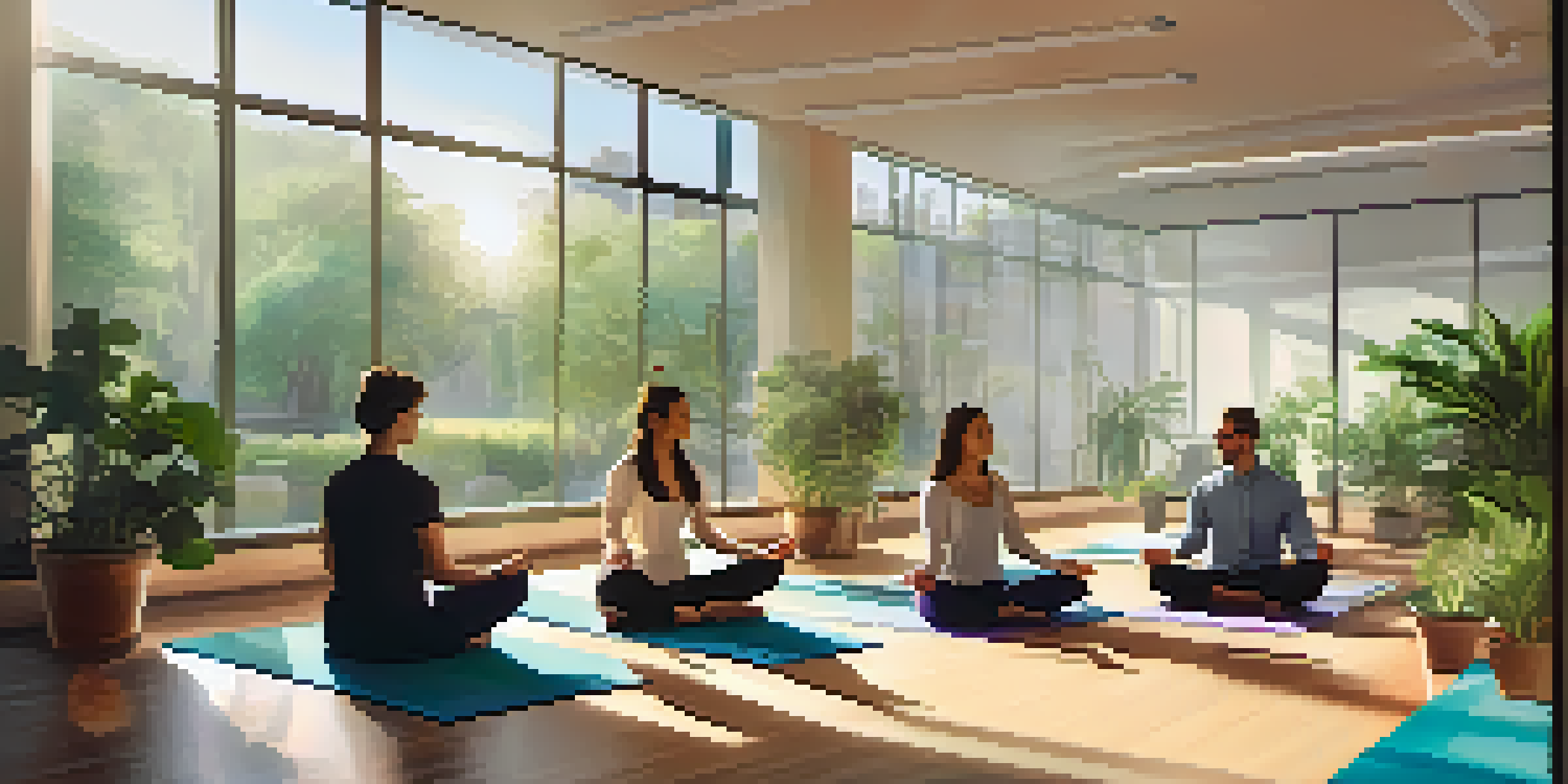 A group of employees practicing mindfulness meditation in a bright office with indoor plants.