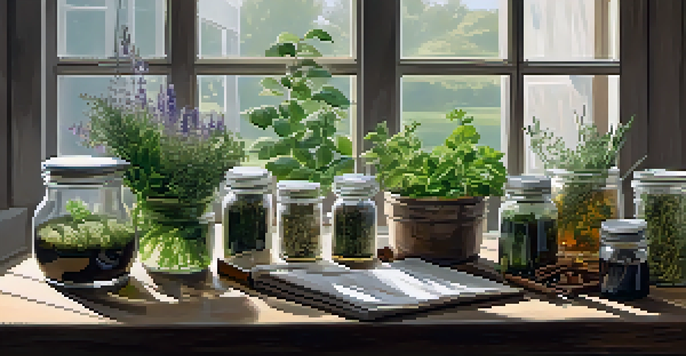 A herbalist's workspace with fresh herbs and glass jars filled with dried herbs and tinctures, illuminated by natural light.