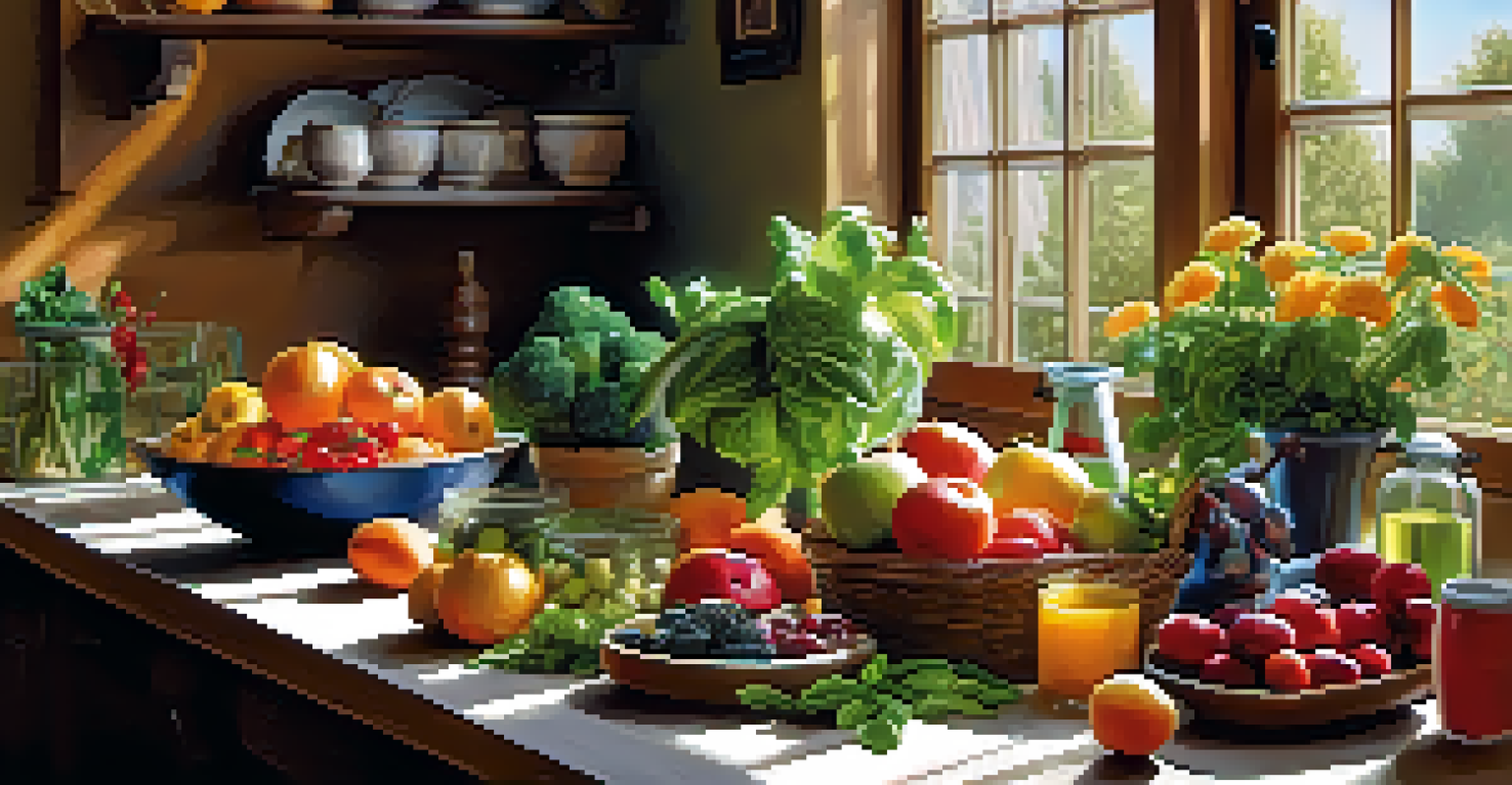 A kitchen with fresh fruits and vegetables arranged on a wooden table, illuminated by sunlight.
