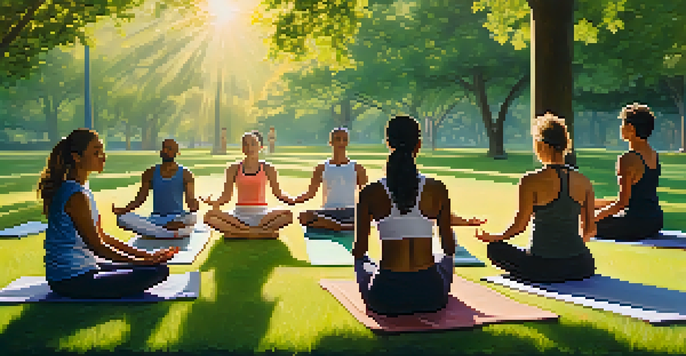 A diverse group of individuals practicing yoga in a lush green park during sunrise, with golden light filtering through the trees.