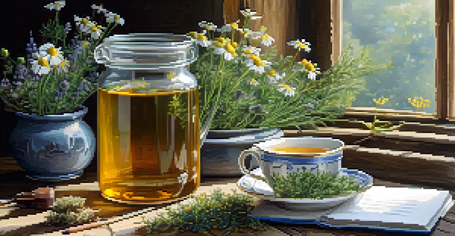 A rustic table with herbal tea ingredients, featuring chamomile, lavender, and St. John's Wort, creating a peaceful ambiance.