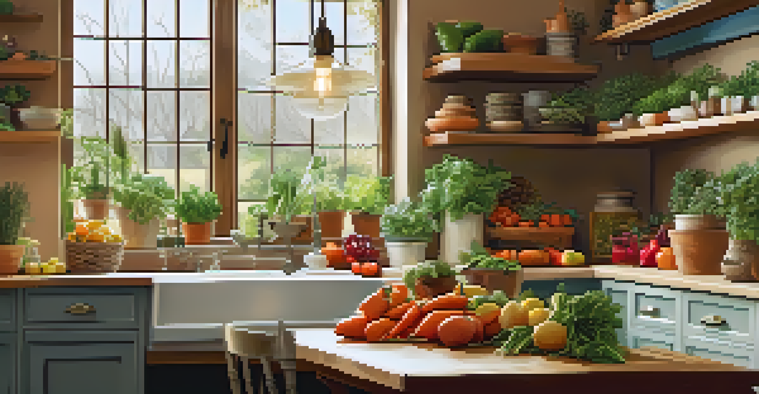 A warm and inviting kitchen with a wooden table filled with fresh fruits, vegetables, and herbs, surrounded by potted plants on the windowsill.